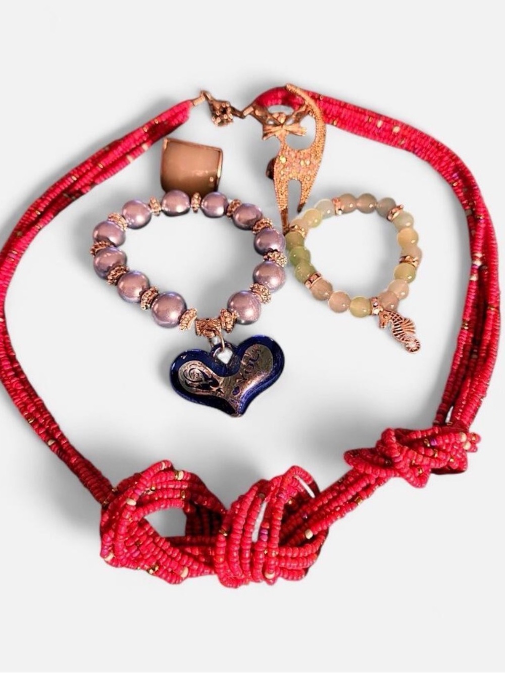 Pink Beaded Knot Necklace with Blue Heart Pendant and Pastel Bead Bracelets